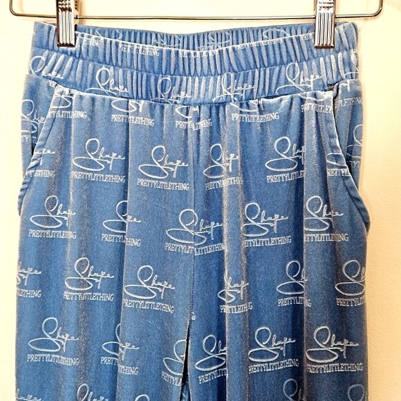 PrettyLittleThing Blue Signature Print Velour Joggers Womens S Elastic Waist Sli - Picture 2 of 11